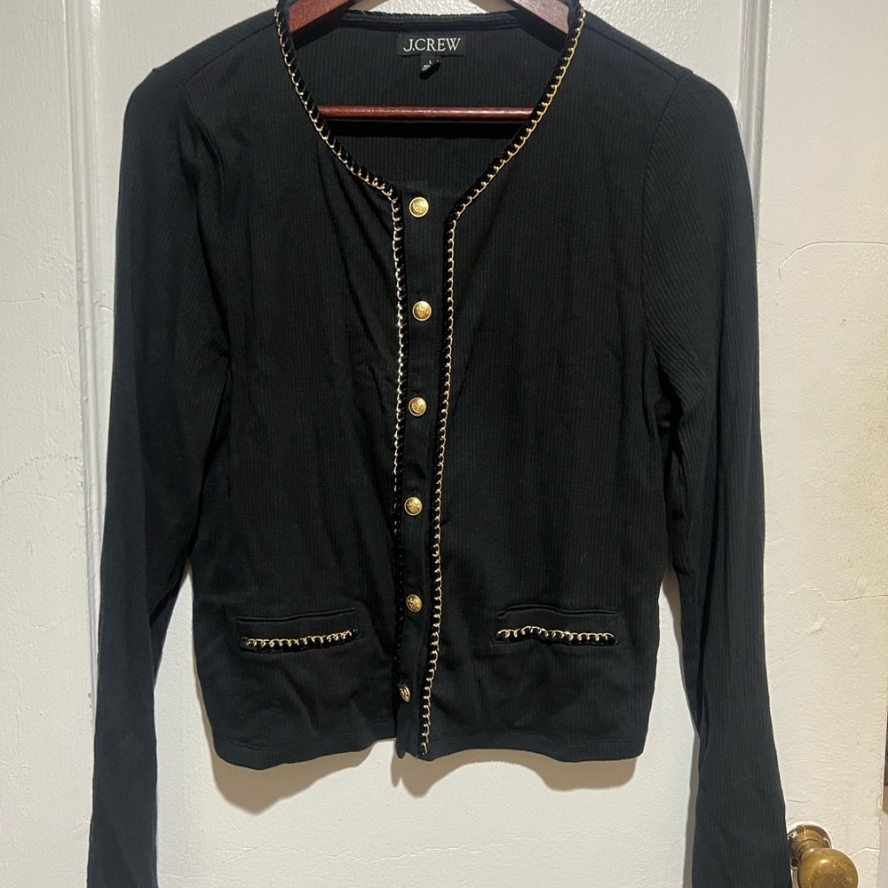 J. Crew Black Ribbed Cardigan Gold Detail